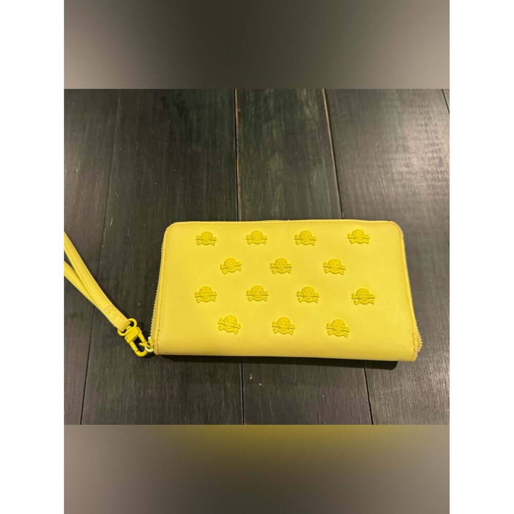 Betsey Johnson neon citron skull studded wristlet wallet